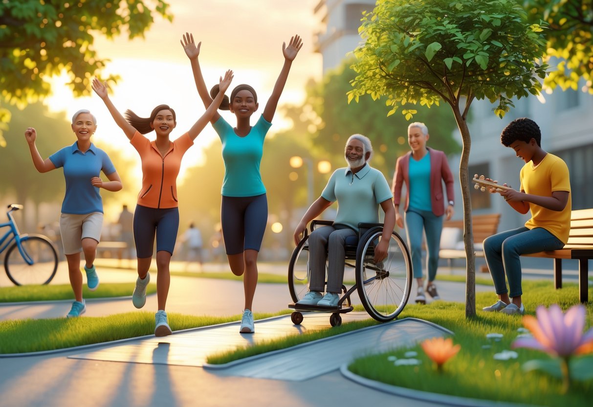 A group of diverse people celebrating personal achievements outdoors in a park during sunrise, showing moments of determination and joy.