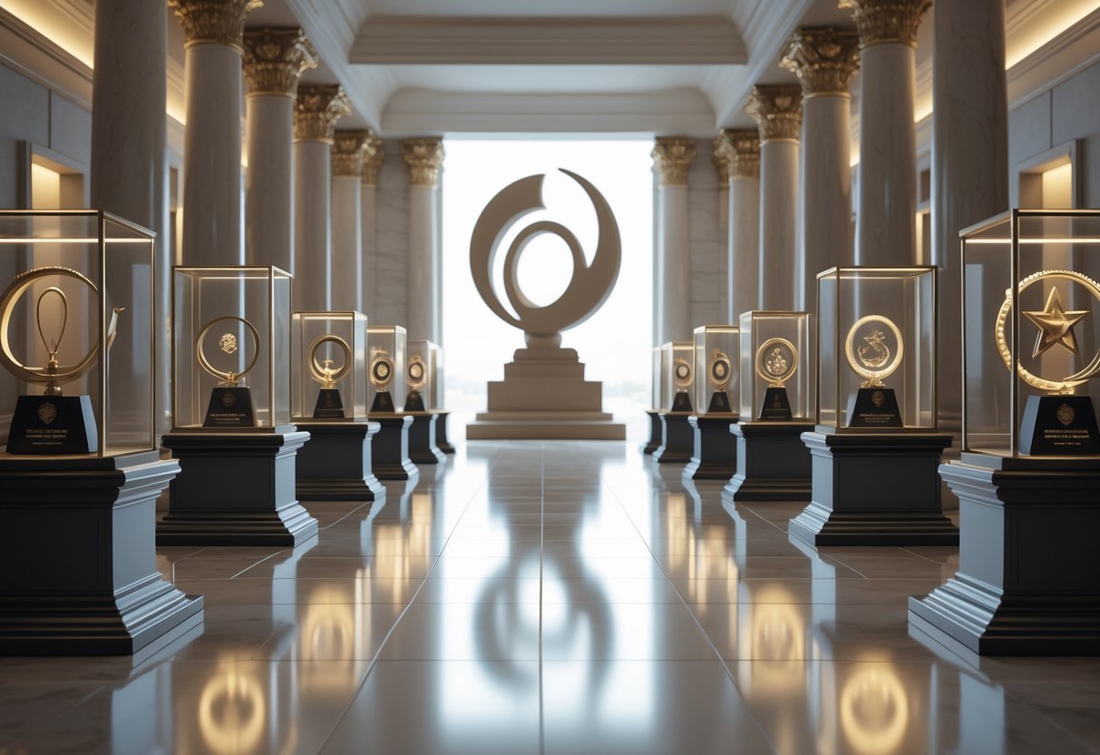 A grand hall with marble floors and columns displaying unique trophies and a large abstract sculpture symbolising excellence.