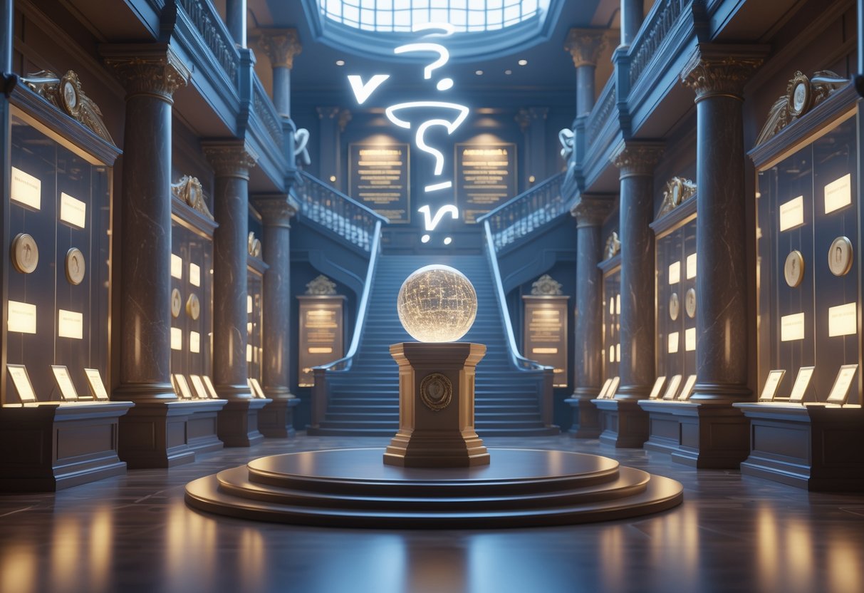 A grand hall with marble pillars and wooden floors displaying golden plaques and trophies in glass cases, centred around a glowing crystal orb on a pedestal, with floating holograms of question marks and checkmarks.