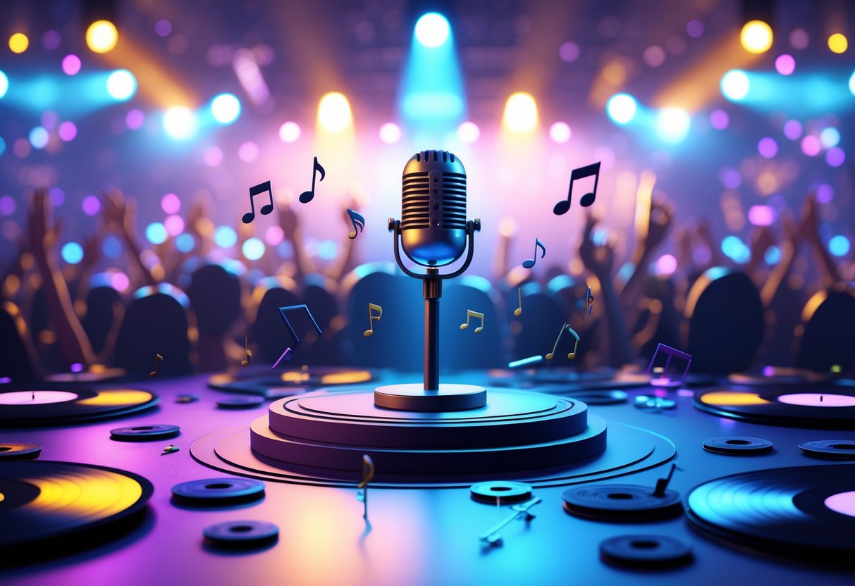 A concert stage with a single microphone under a spotlight, surrounded by floating musical notes and vinyl records, with a blurred crowd and colourful stage lights in the background.