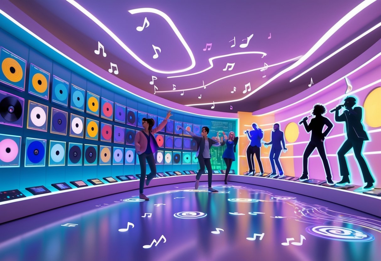 A colourful 3D scene showing a museum exhibit with displays of musical instruments and records from different decades, surrounded by holographic musicians and floating musical notes.