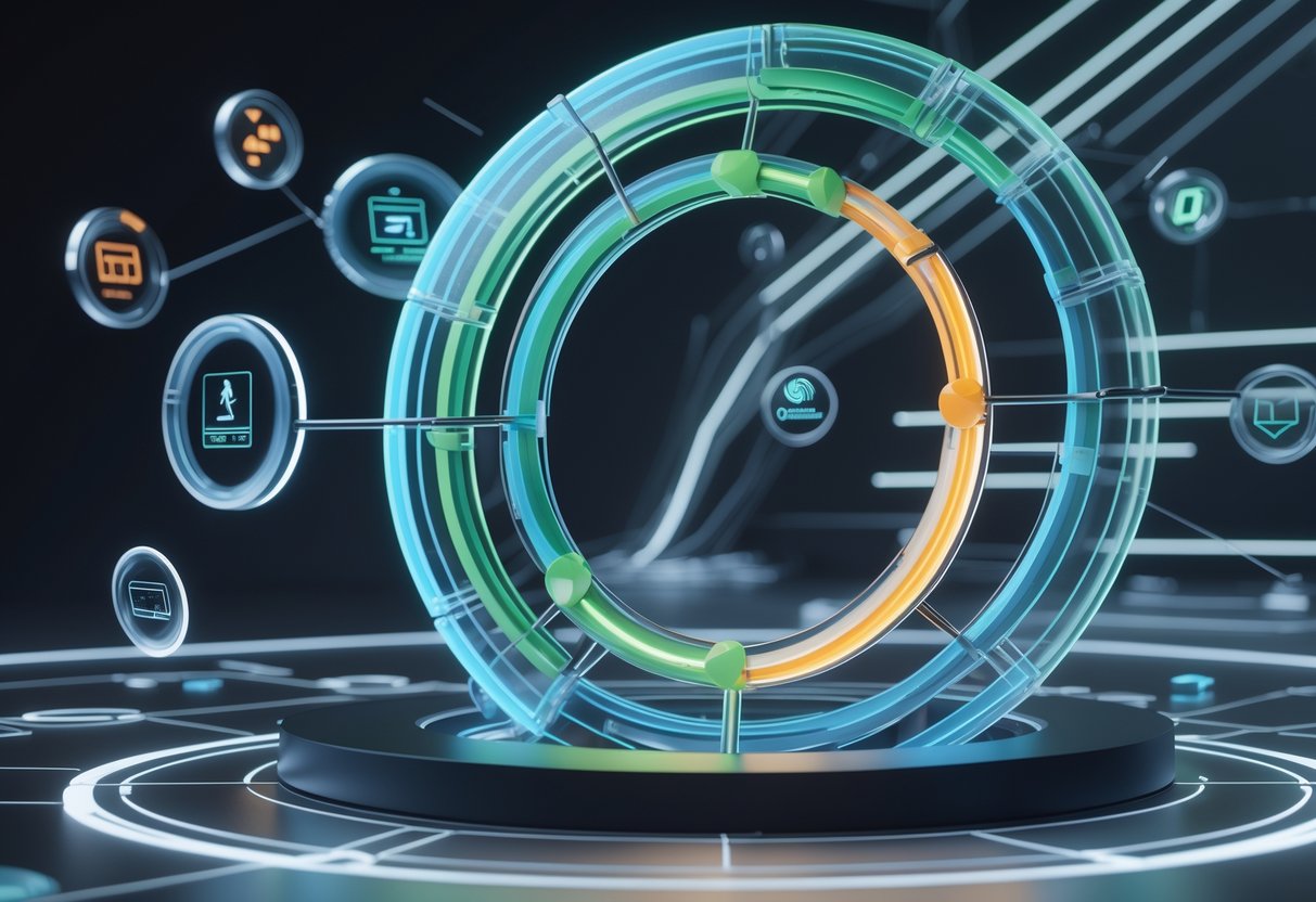 A 3D rendering of interconnected glowing rings and nodes forming a circular flow representing stages of game production and lifecycle patterns.