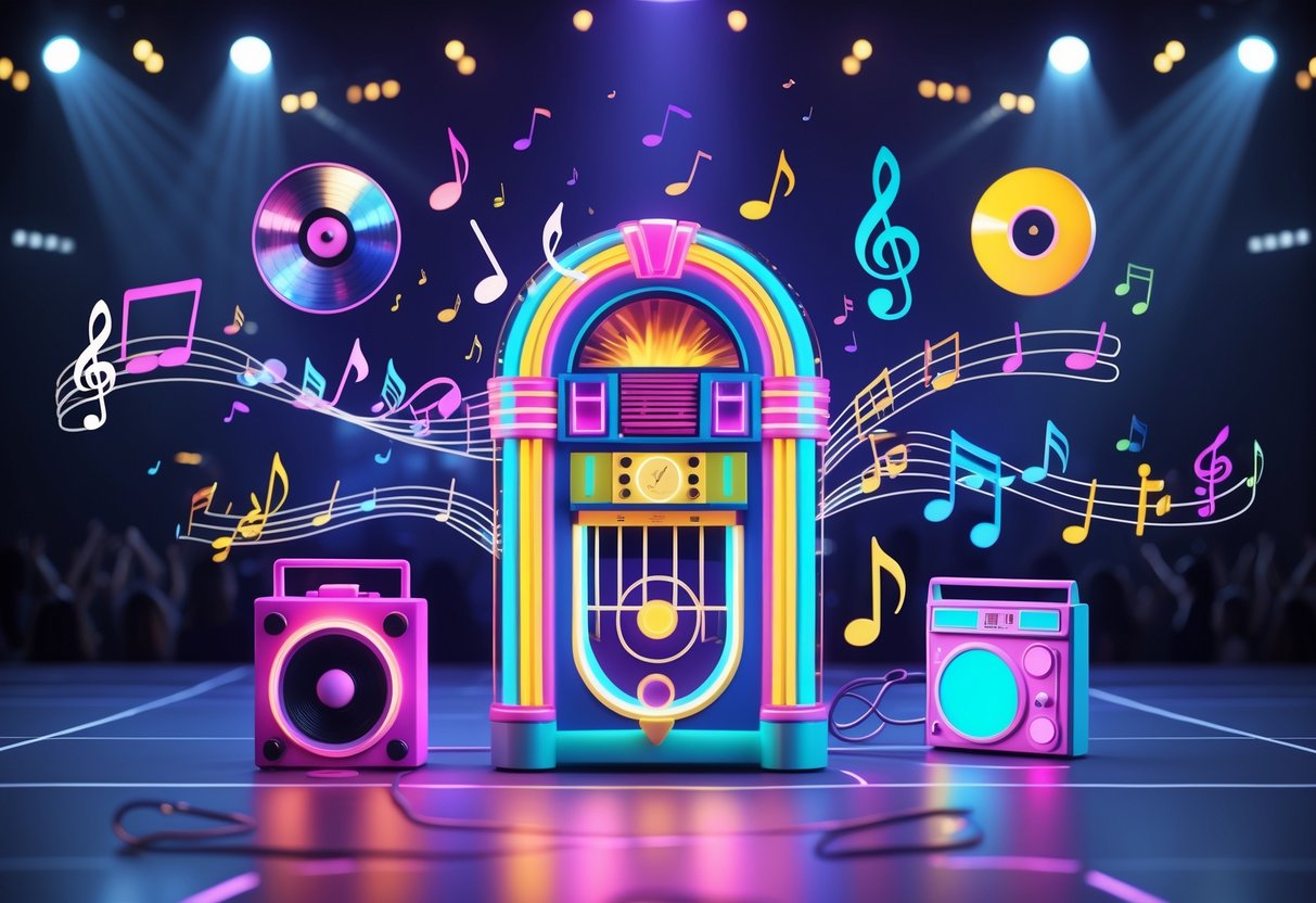 A colourful 3D scene showing musical instruments and symbols representing different genres around a glowing jukebox on a dark stage with spotlights and faint crowd silhouettes.