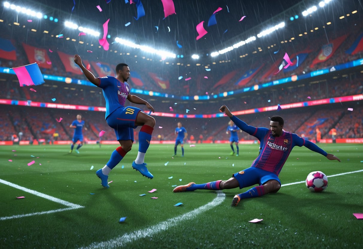A packed football stadium during an intense match with two players competing fiercely on the pitch under bright lights and a large scoreboard in the background.