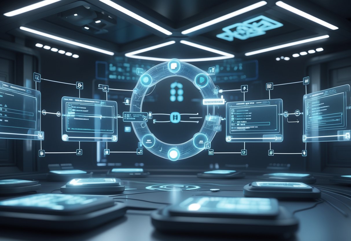 A futuristic control room with holographic displays showing interconnected stages of a game lifecycle in a circular flow.