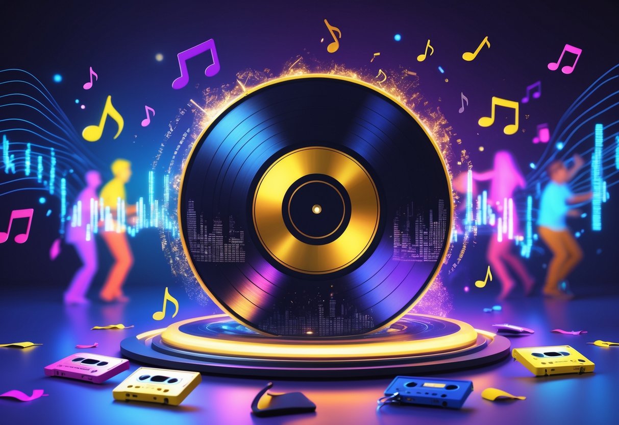 A 3D scene showing a large golden vinyl record spinning with colourful musical notes and cassette tapes floating around it, surrounded by dancing silhouettes and glowing charts representing music rankings.