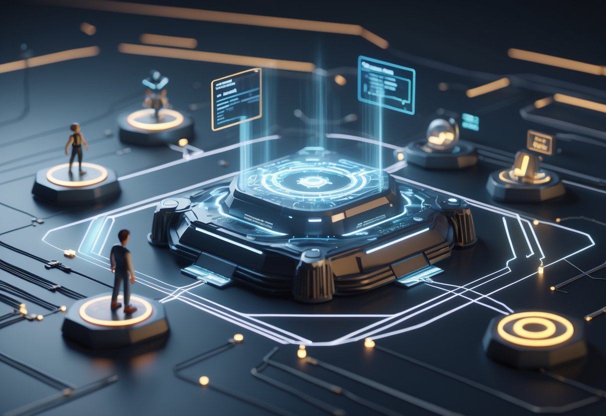 A central glowing game engine hub connected by light streams to various game elements like a player, enemy, score tracker, and user interface, showing their interaction during a game lifecycle.