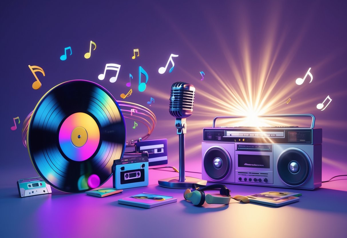 A colourful 3D scene showing a vinyl record, microphone, boombox, musical notes, cassette tapes, and headphones arranged together with glowing lights.