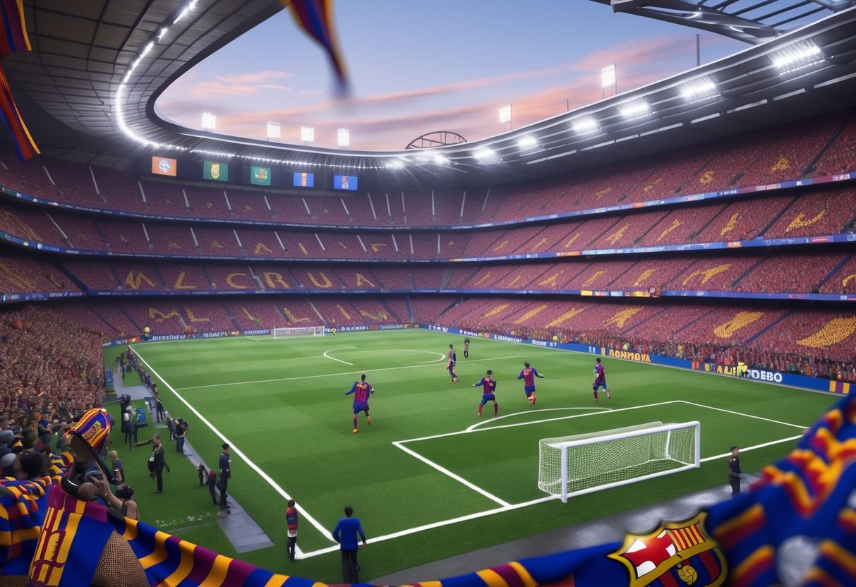 A crowded Camp Nou stadium during a football match with players on the pitch and fans cheering in the stands.