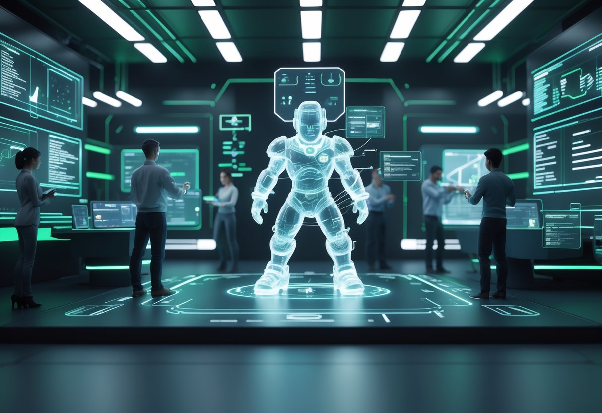 A futuristic control room where engineers use holographic screens to monitor and test a 3D video game character through various development stages.