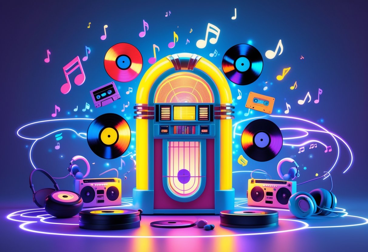 A 3D scene showing a colourful jukebox surrounded by floating vinyl records, cassette tapes, musical notes, and retro music equipment against a glowing blue and purple background.