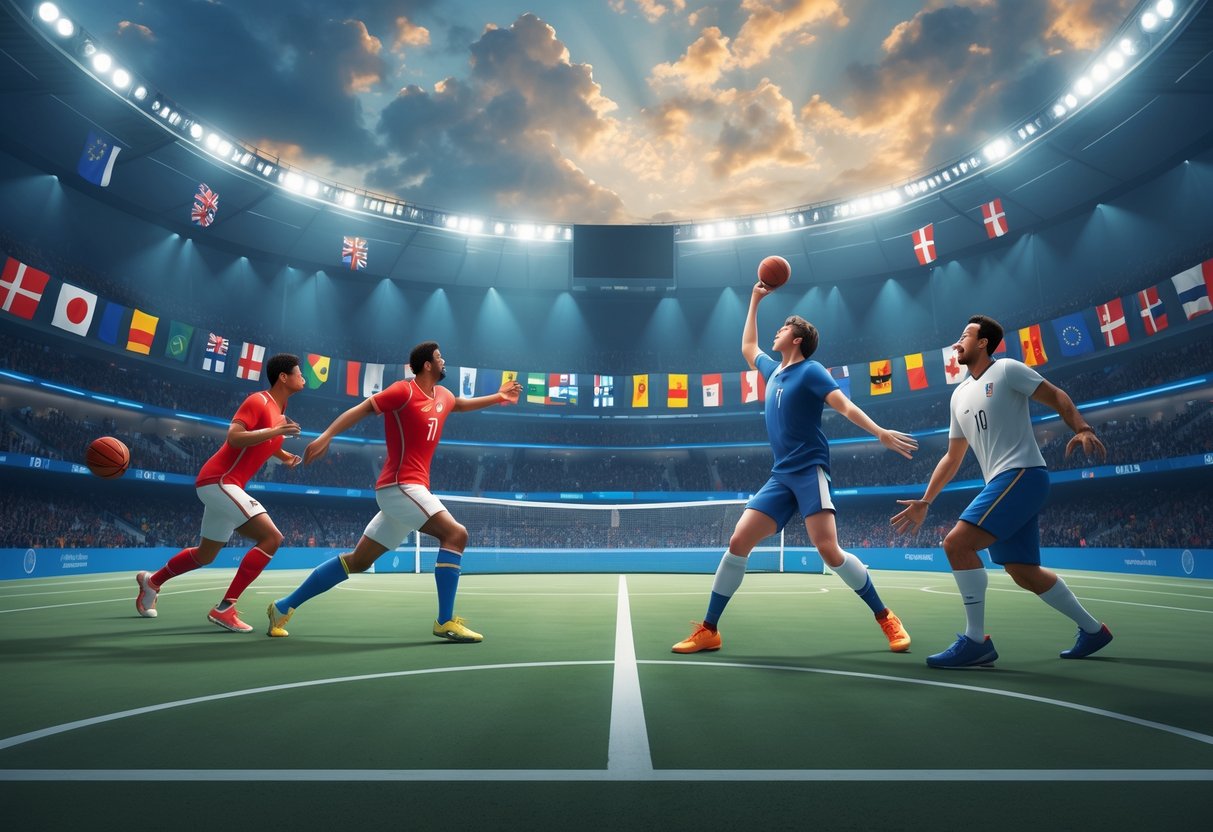 A stadium filled with cheering fans showing intense moments from different international sports rivalries, including football, tennis, and basketball players competing fiercely.