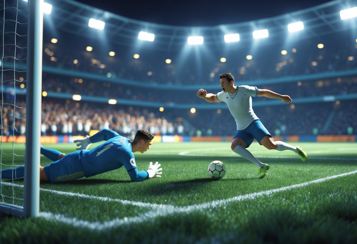 A football player preparing to take a penalty kick while the goalkeeper gets ready to dive, with a large crowd watching in a stadium at night.
