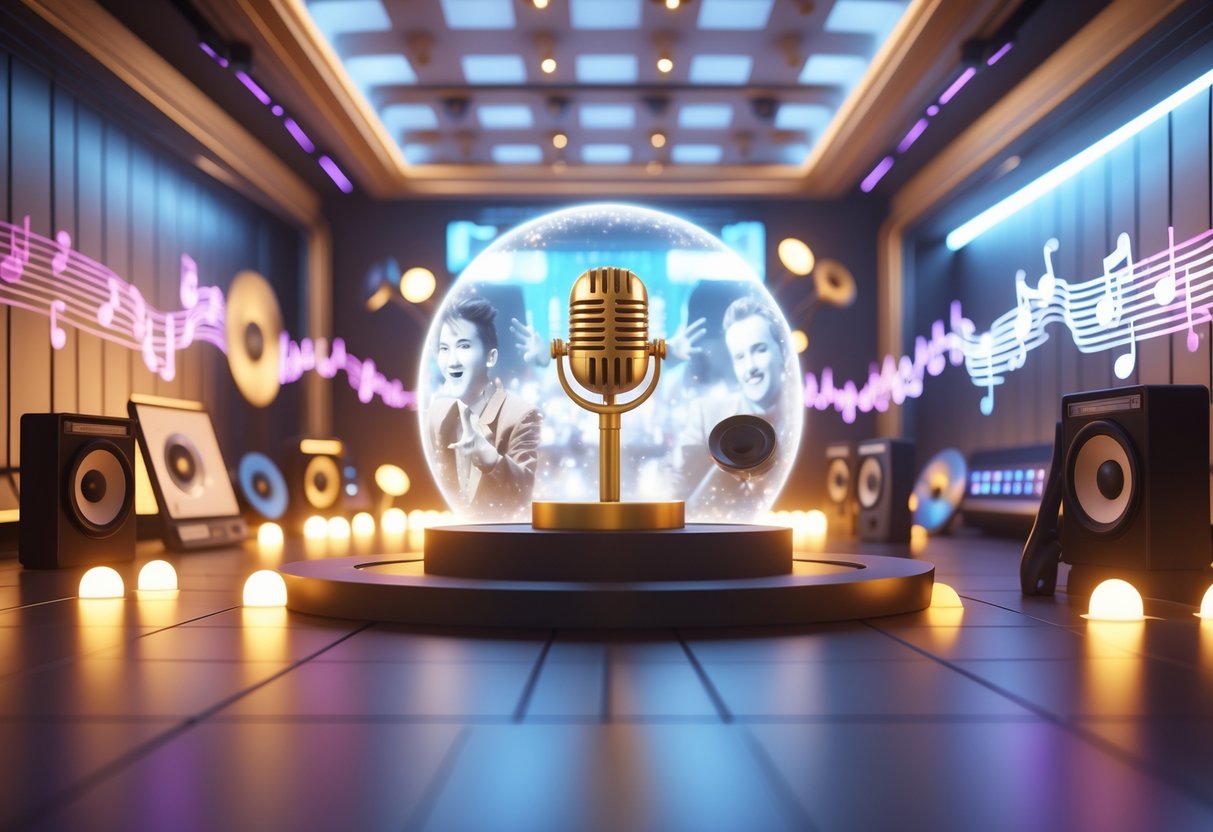 A 3D scene showing a golden microphone on a pedestal surrounded by floating vinyl records and holograms of musicians performing, set in a hall with a timeline of musical notes and sound waves.