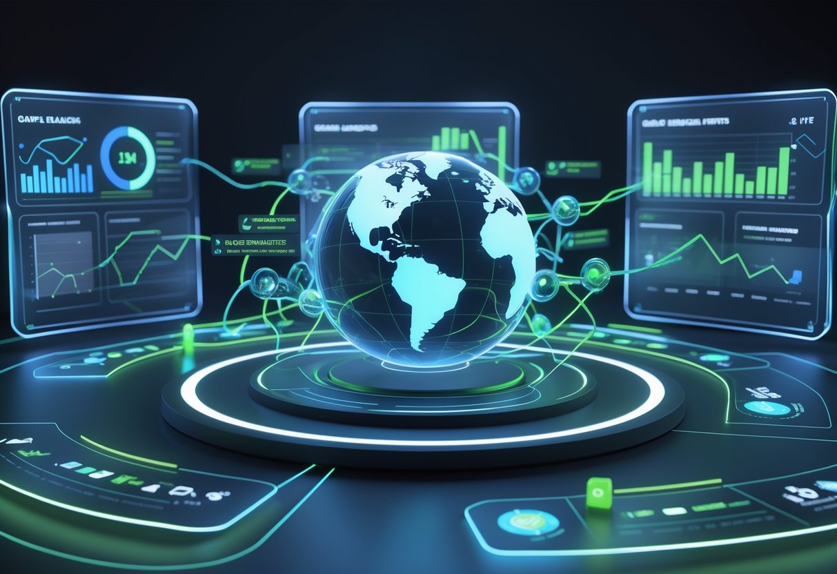 A 3D digital dashboard showing a glowing globe with interconnected nodes and flowing data streams representing game launch and post-release activity patterns.