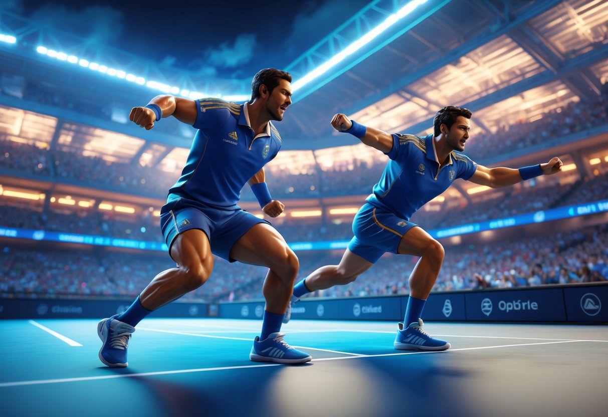 Two athletes competing intensely in a packed stadium during a legendary sports match.