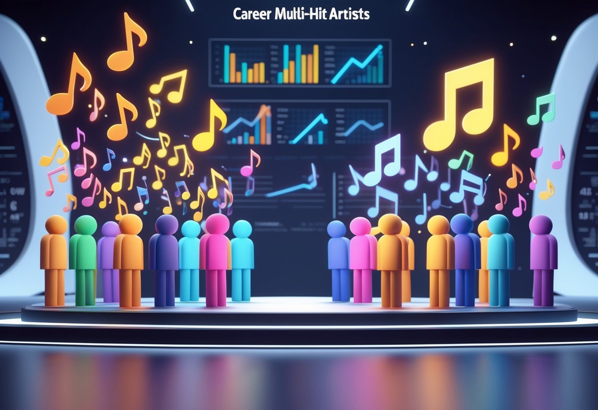A 3D scene showing two groups of colourful figures on a stage, one group with many glowing musical notes and trophies, and a smaller group with a single glowing note, illustrating a comparison between multi-hit artists and one-hit wonders.