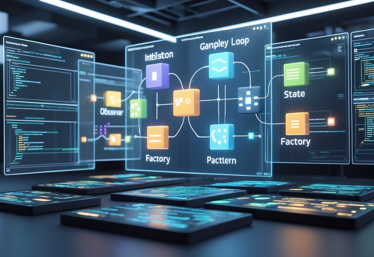 A 3D scene showing holographic diagrams and modular blocks representing software design patterns integrated into different stages of a game development process within a futuristic digital workspace.