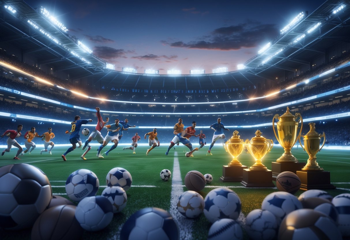 A stadium scene showing athletes competing intensely in various sports moments, with a crowd cheering and trophies displayed on pedestals.
