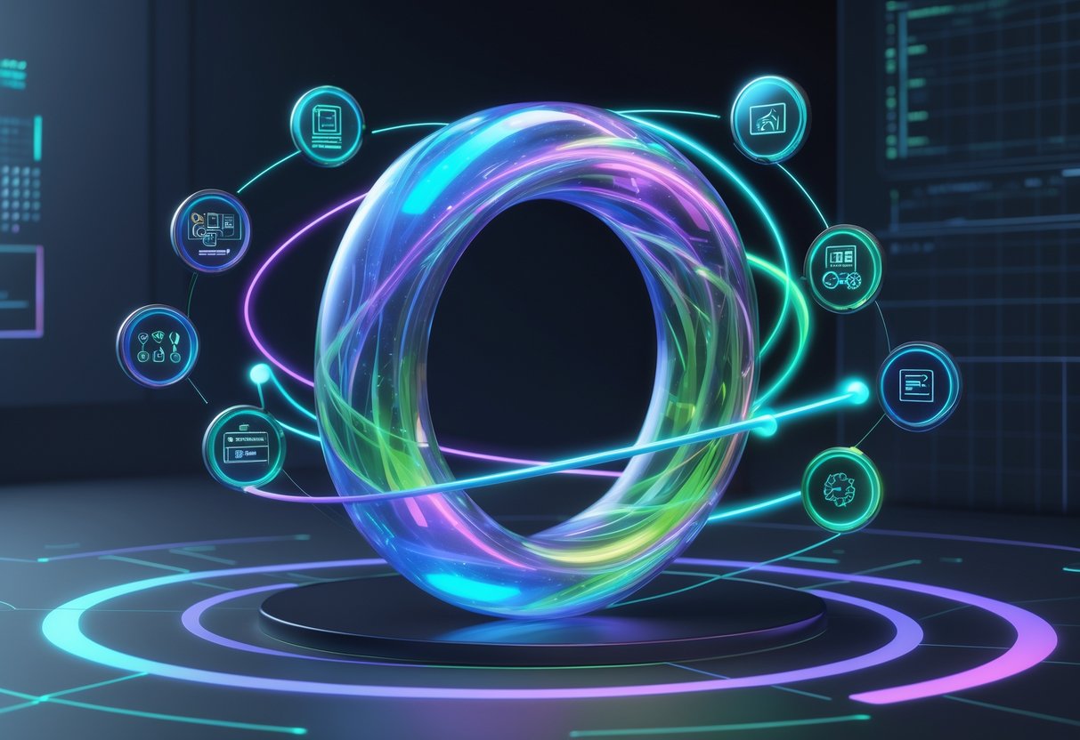 A 3D scene showing a glowing circular flow with icons representing stages of a game development cycle connected by arrows, set in a dark digital environment.