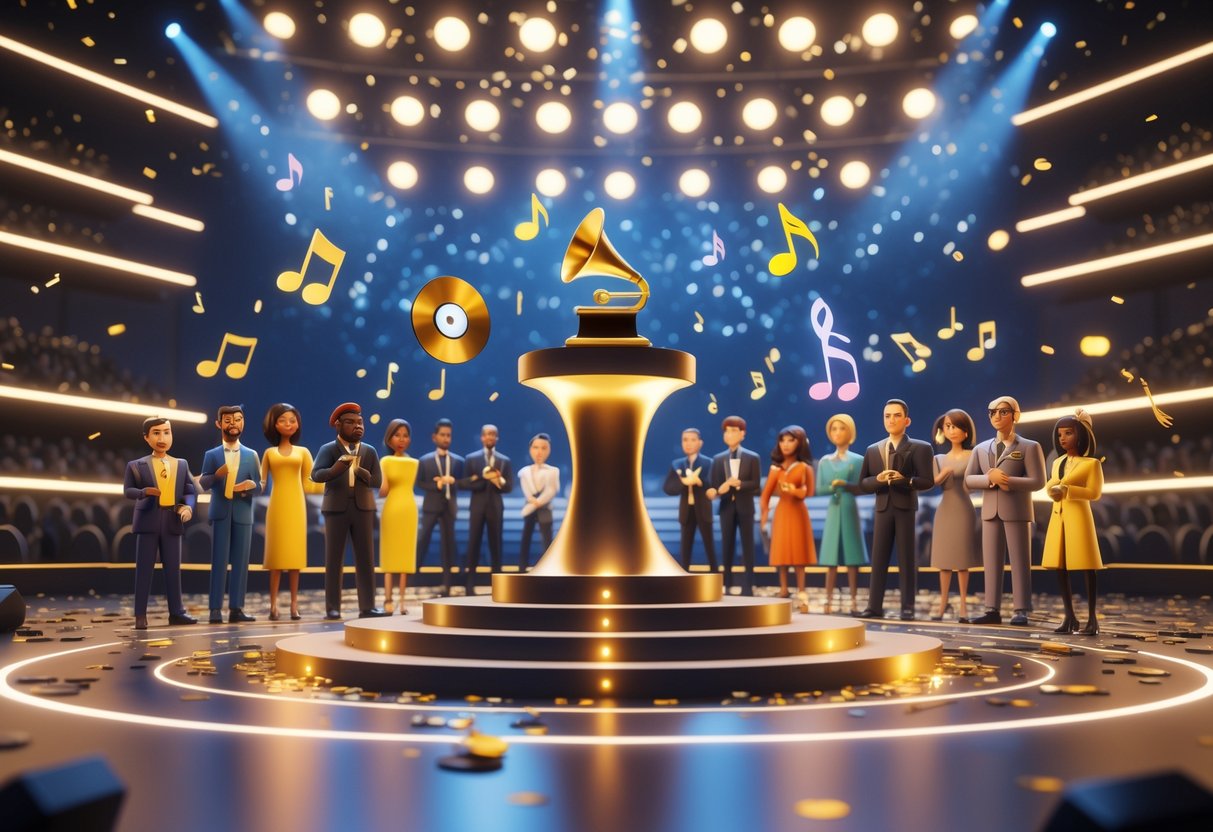 A music awards stage with a Grammy trophy surrounded by musicians and musical symbols, with an applauding audience in the background.