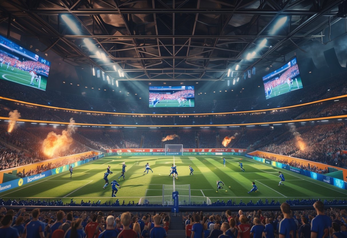 A large sports stadium filled with athletes competing and a crowd of spectators watching an intense match.