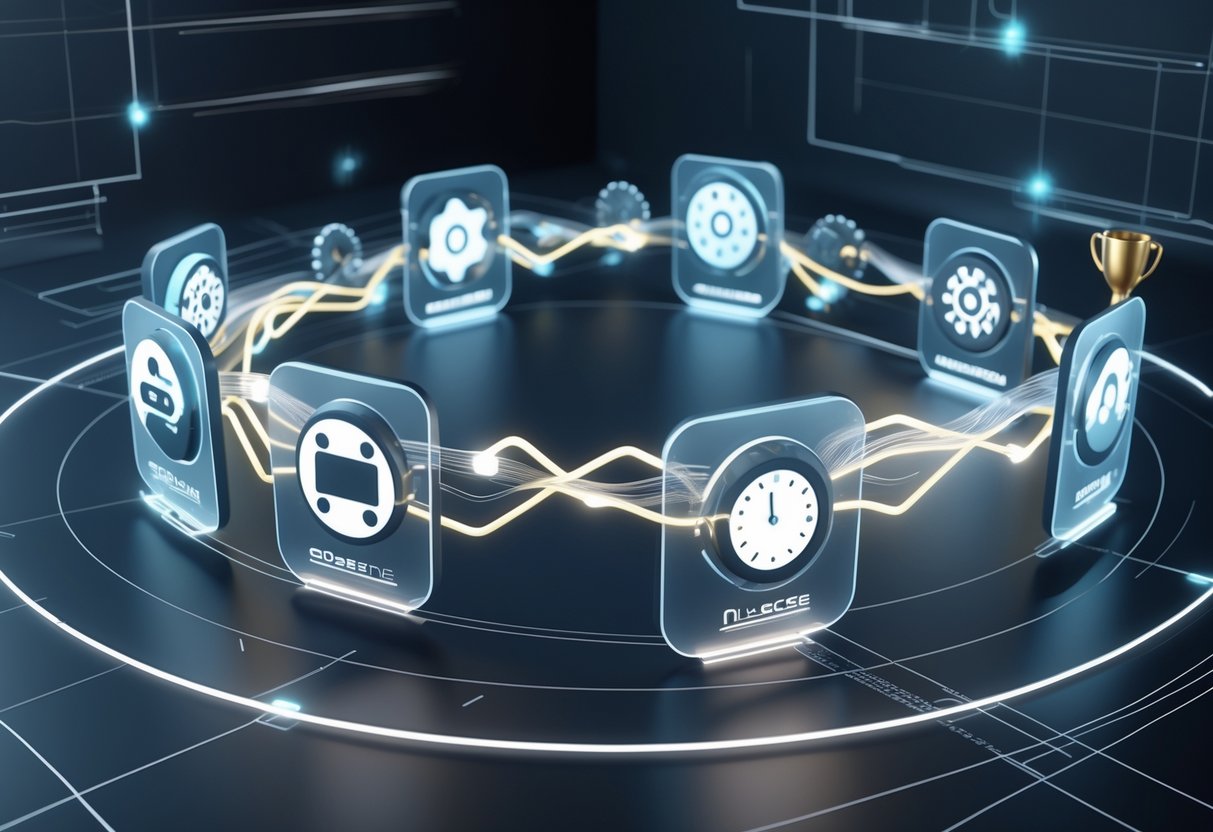 A 3D visualisation of a game development lifecycle showing interconnected stages with glowing icons and flowing connections in a dark digital environment.