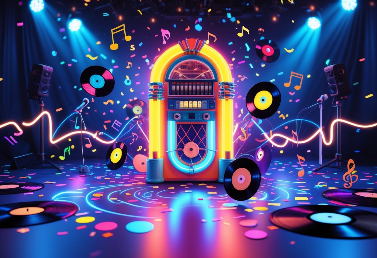 A colourful 3D scene with a glowing jukebox surrounded by floating vinyl records and musical notes, set against a stage with microphones and spotlights.