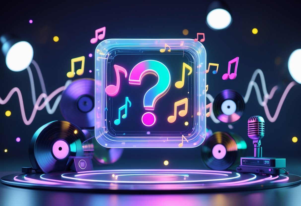 A 3D scene showing a floating touchscreen with question marks and musical notes, surrounded by vinyl records, cassette tapes, and microphones with glowing sound waves in the background.