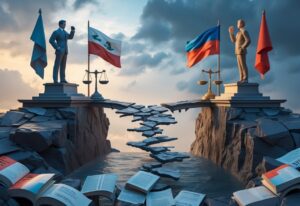 Two opposing figures stand on separate platforms across a deep chasm, surrounded by symbols representing different political and ideological beliefs, with a broken bridge of documents between them under a dramatic sky.