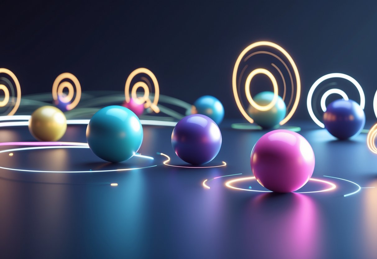 Several colourful spheres moving against a dark background, with glowing rings and waves around some spheres indicating audio and visual cues.