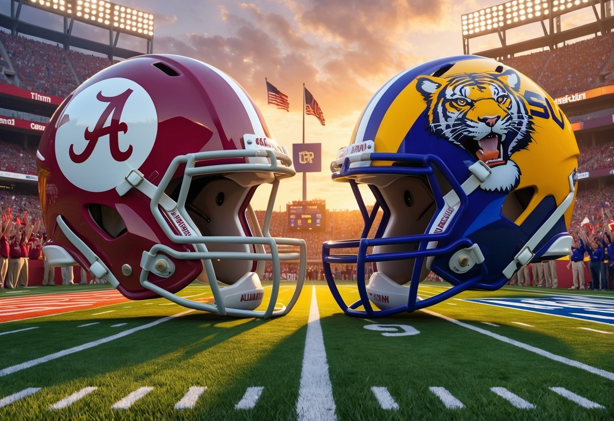 Two American football helmets facing each other on a football field with stadium stands and cheering fans in the background.