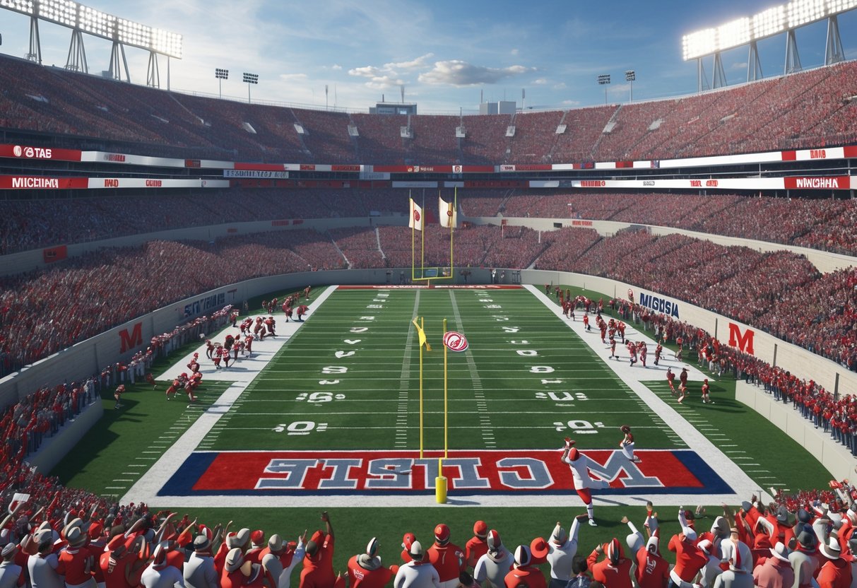 A crowded football stadium during a game between two rival teams, with players in red and grey and others in blue and yellow competing on the field.