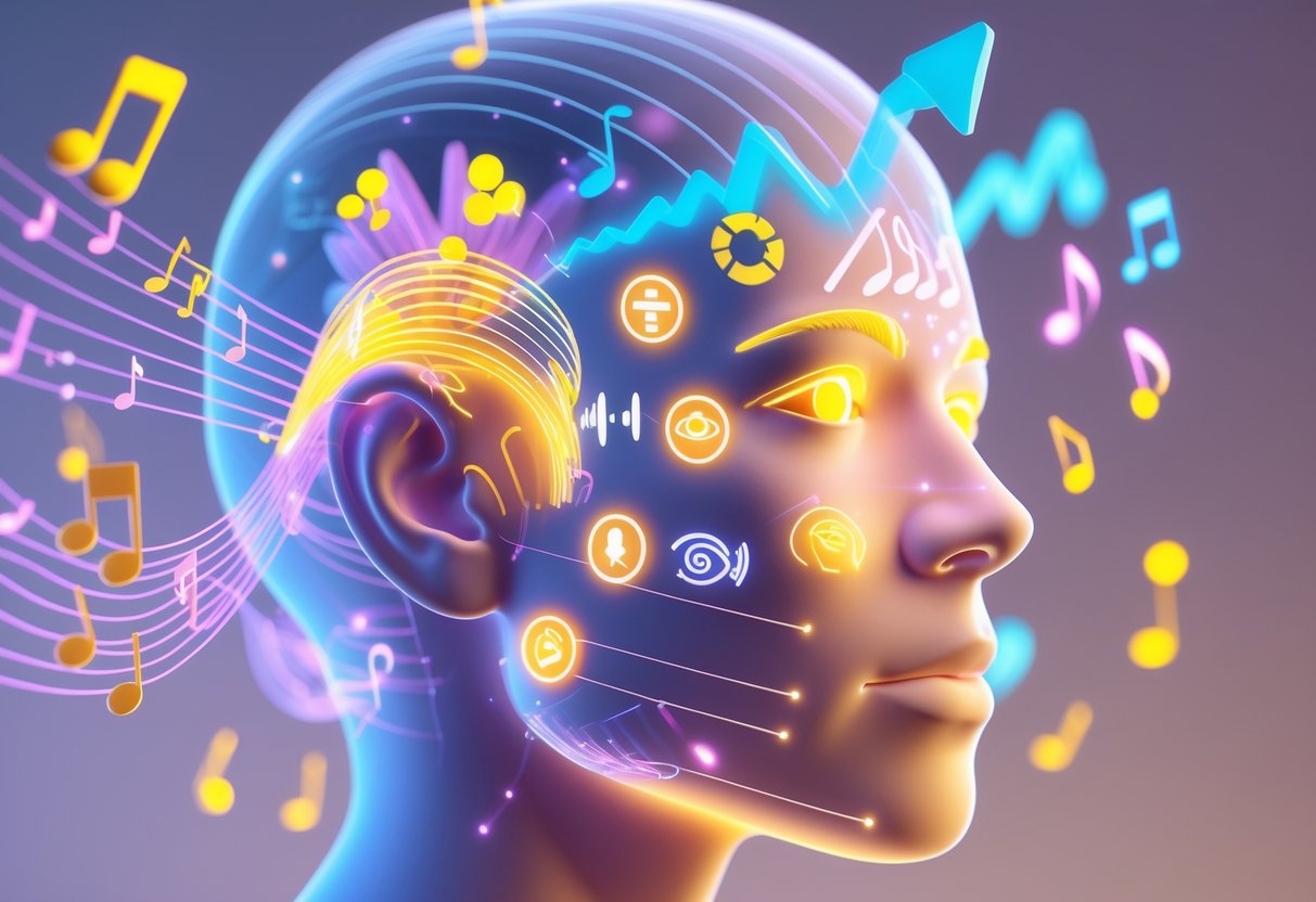 A human head in profile showing sound waves near the mouth and glowing facial features around the eyes, illustrating audio and visual cues in communication.
