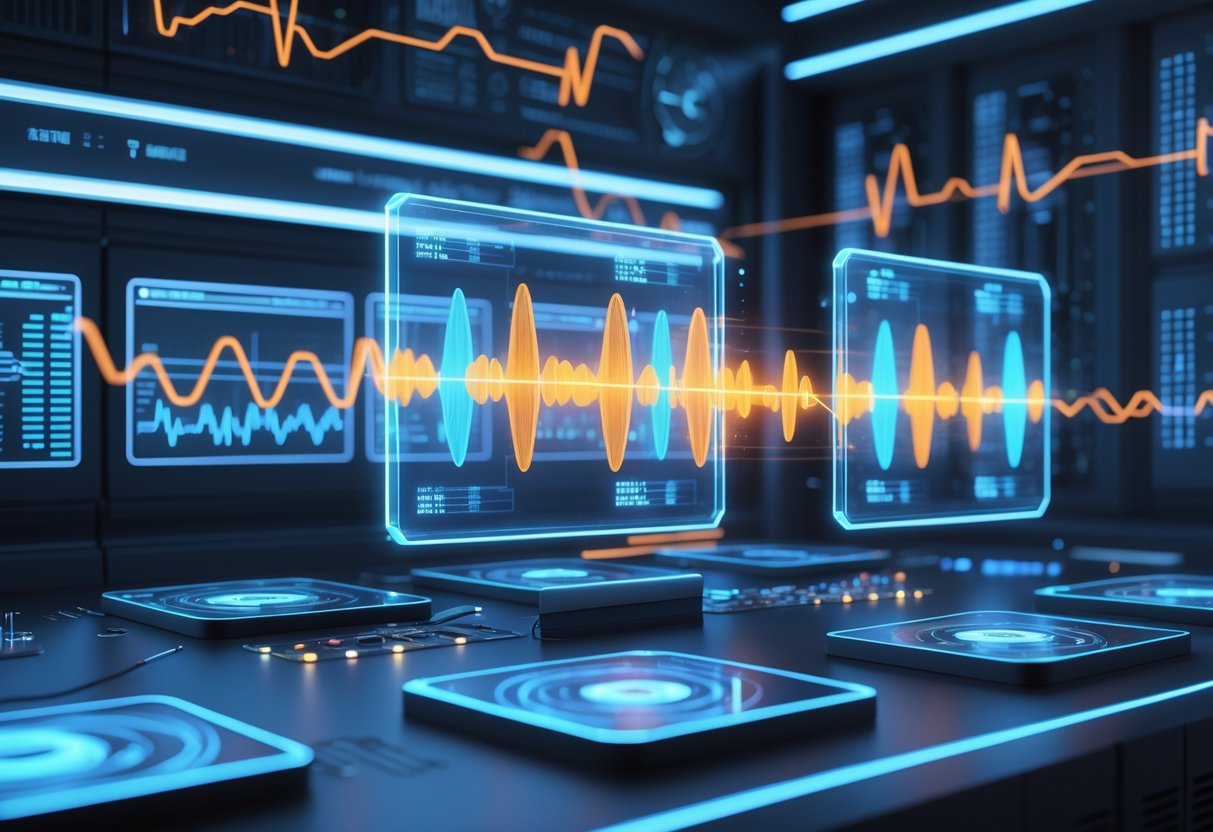 A futuristic control room with holographic displays showing intertwined sound waves and visual signals, surrounded by advanced technology and glowing circuit patterns.