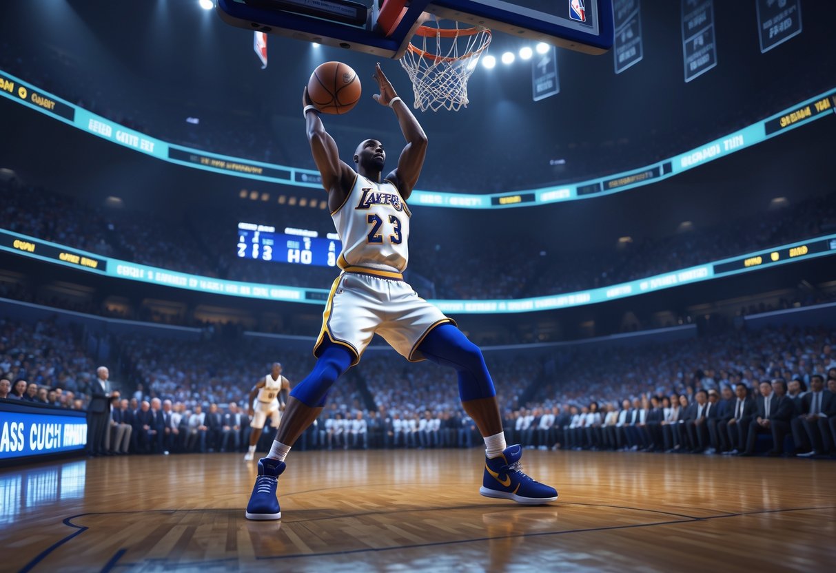 A basketball player in mid-air taking a shot near the basket in a packed arena with a scoreboard showing a close game and countdown clock.