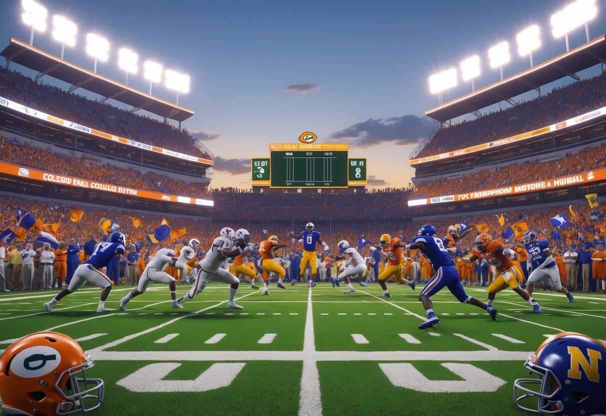 Two college football teams compete intensely on a stadium field filled with cheering fans and vibrant team colours during a close game.