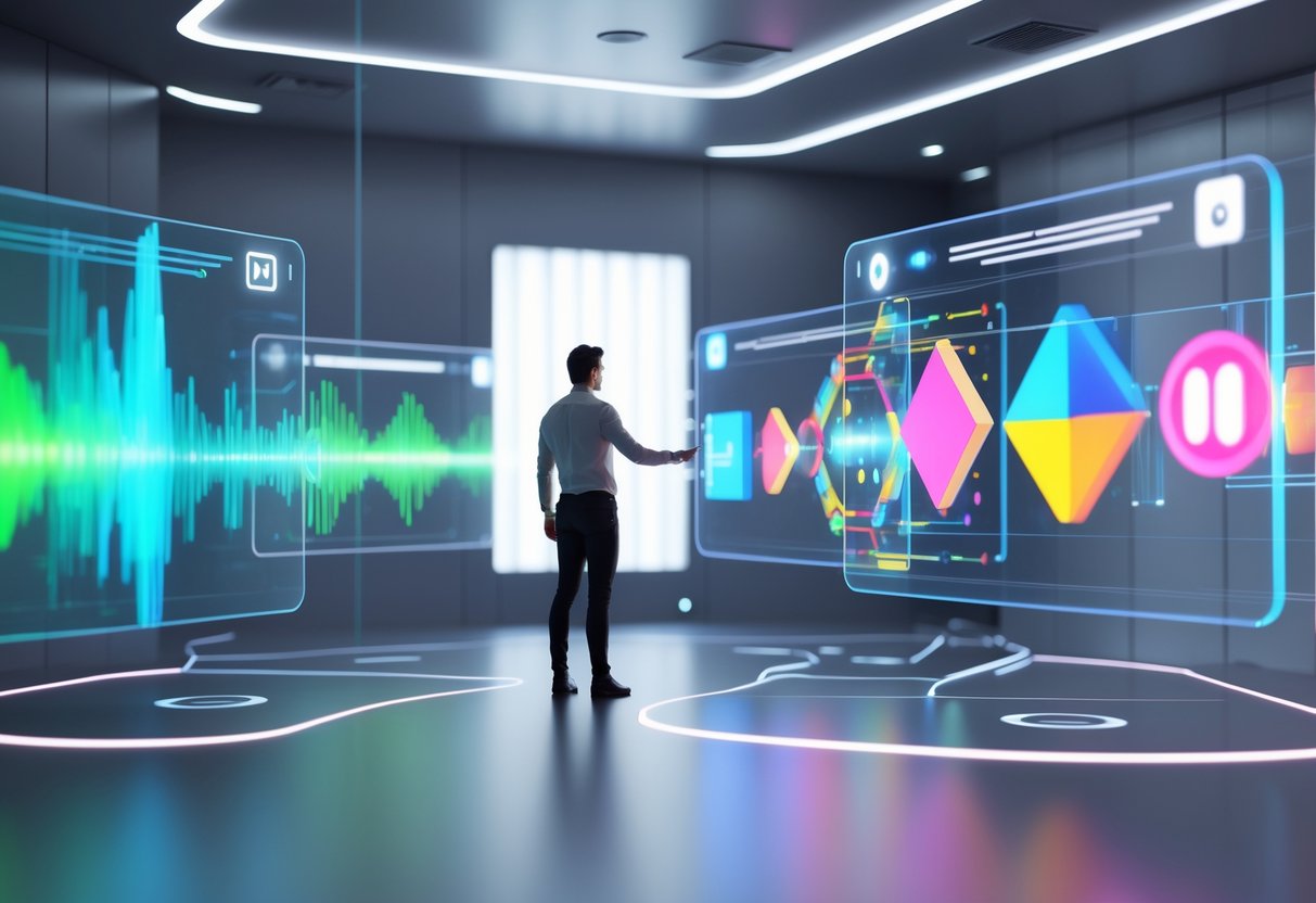 A person interacting with floating holographic screens showing sound waves and colourful visual signals in a futuristic control room.