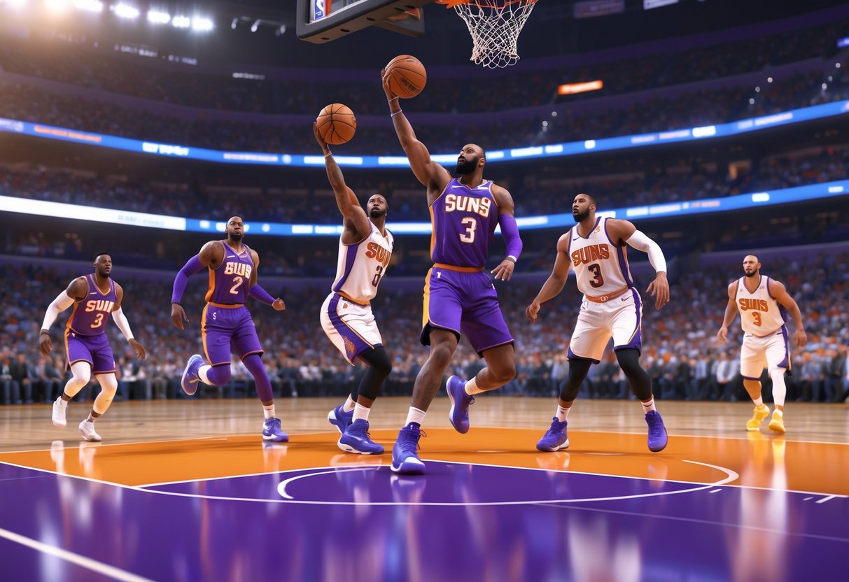 Basketball players from the Phoenix Suns competing intensely on a court during a crucial game moment with fans watching in a packed arena.