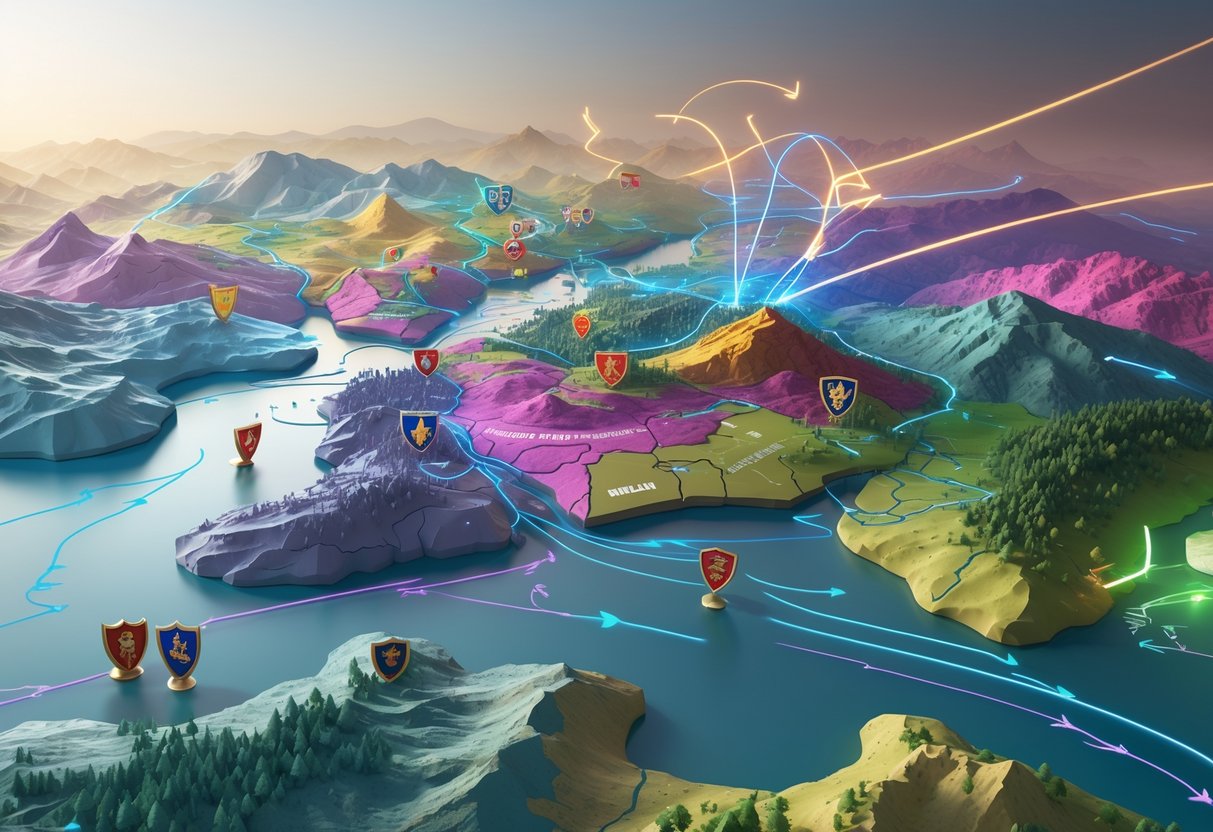 A 3D map showing different regions with coloured areas and arrows indicating rivalries and historical conflicts between groups.