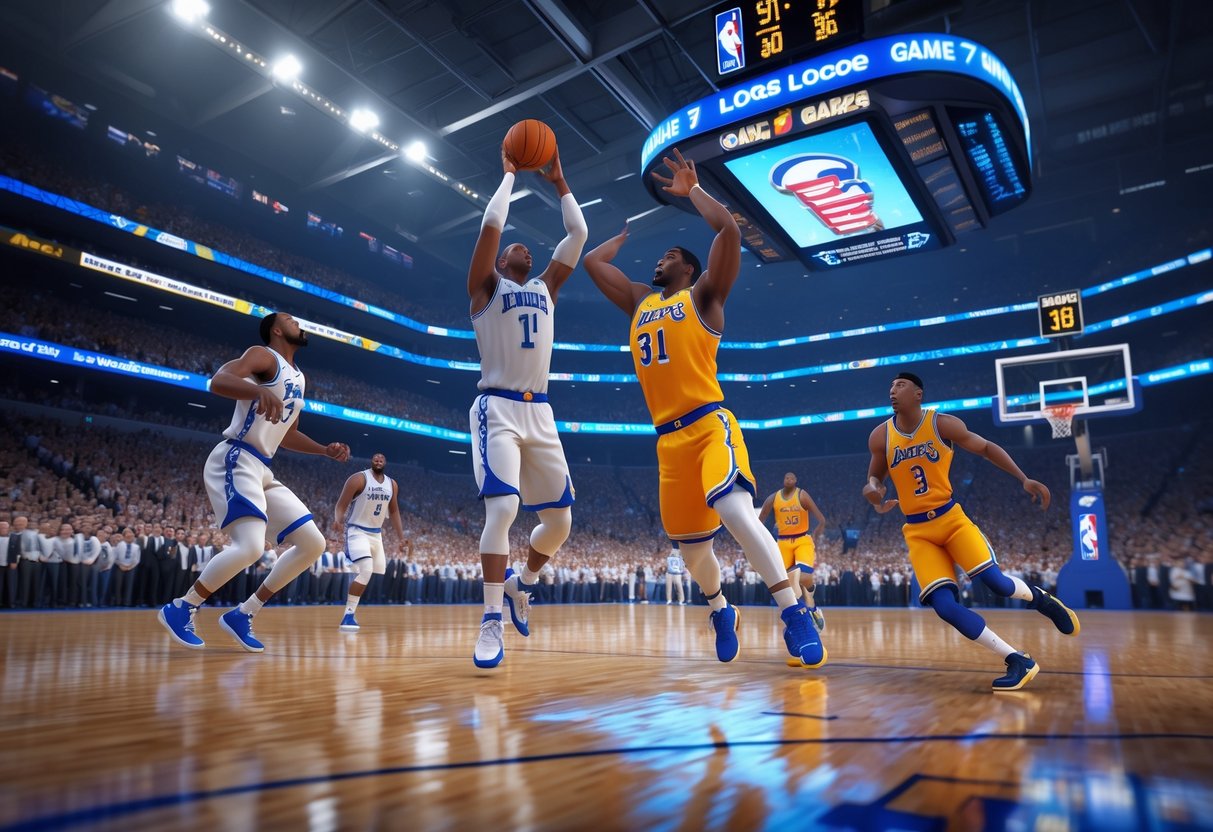 A tense basketball game 7 moment showing a player making a crucial shot while defenders try to block, with a close score and excited crowd in the background.