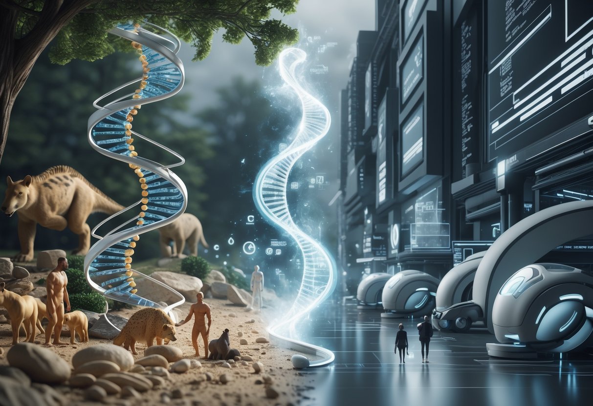 A 3D scene showing a spiral DNA turning into various life forms on one side and a futuristic city with robots and holograms on the other, separated by a glowing divide.