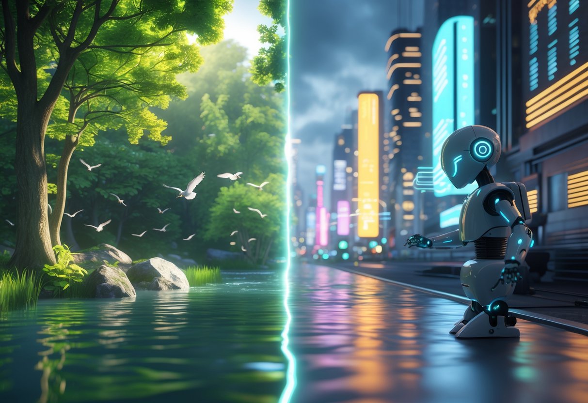 A split scene showing a forest with trees and birds on one side and a futuristic city with neon lights and robots on the other.