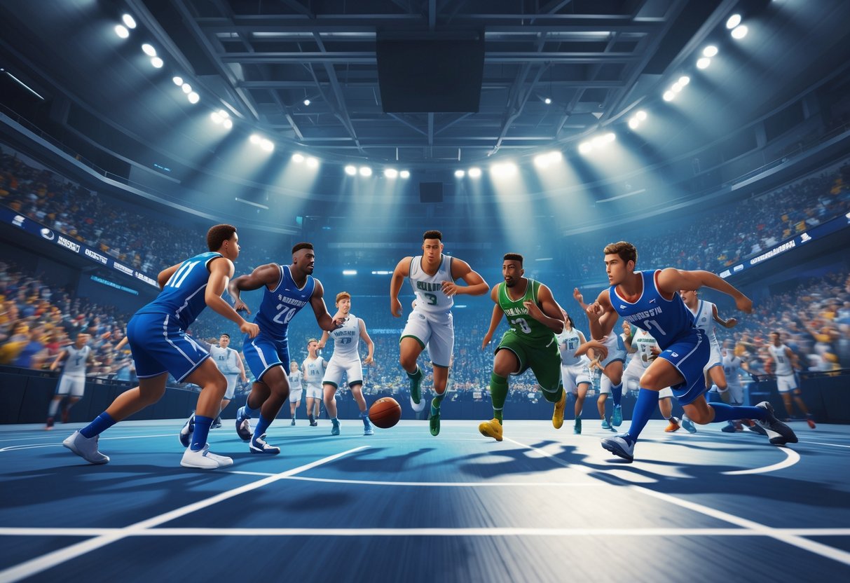 A sports arena scene showing teams in action during intense, decisive moments with focused players and a lively crowd.
