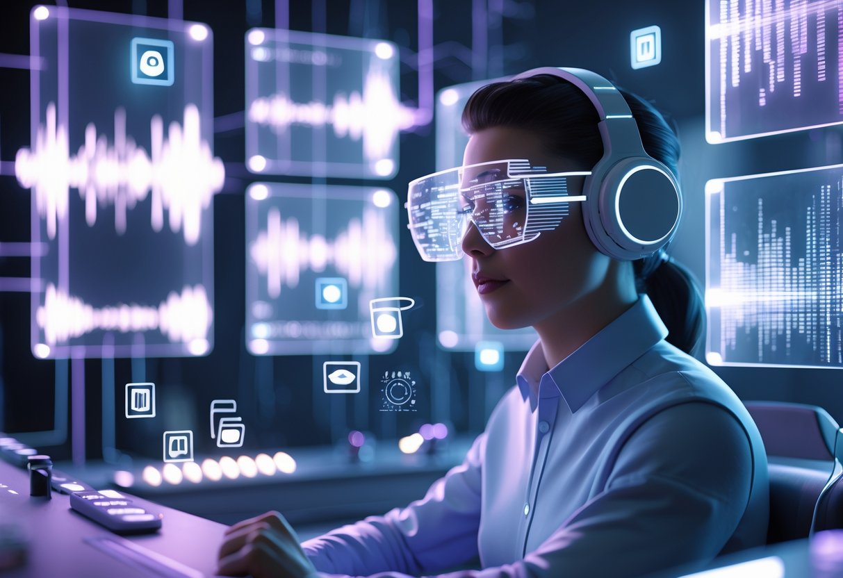 A person wearing headphones and augmented reality glasses surrounded by floating audio and visual symbols, with some symbols appearing distorted, set in a futuristic room with holographic screens showing disrupted sound and visual patterns.