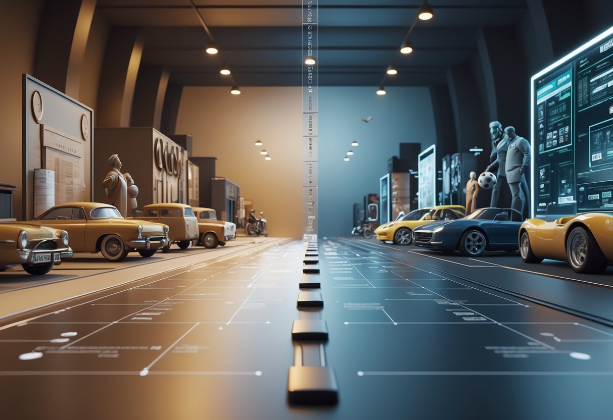 A 3D scene showing two contrasting environments side by side, one representing past eras with vintage items and the other representing modern times with contemporary sports gear, connected by a timeline flowing between them.