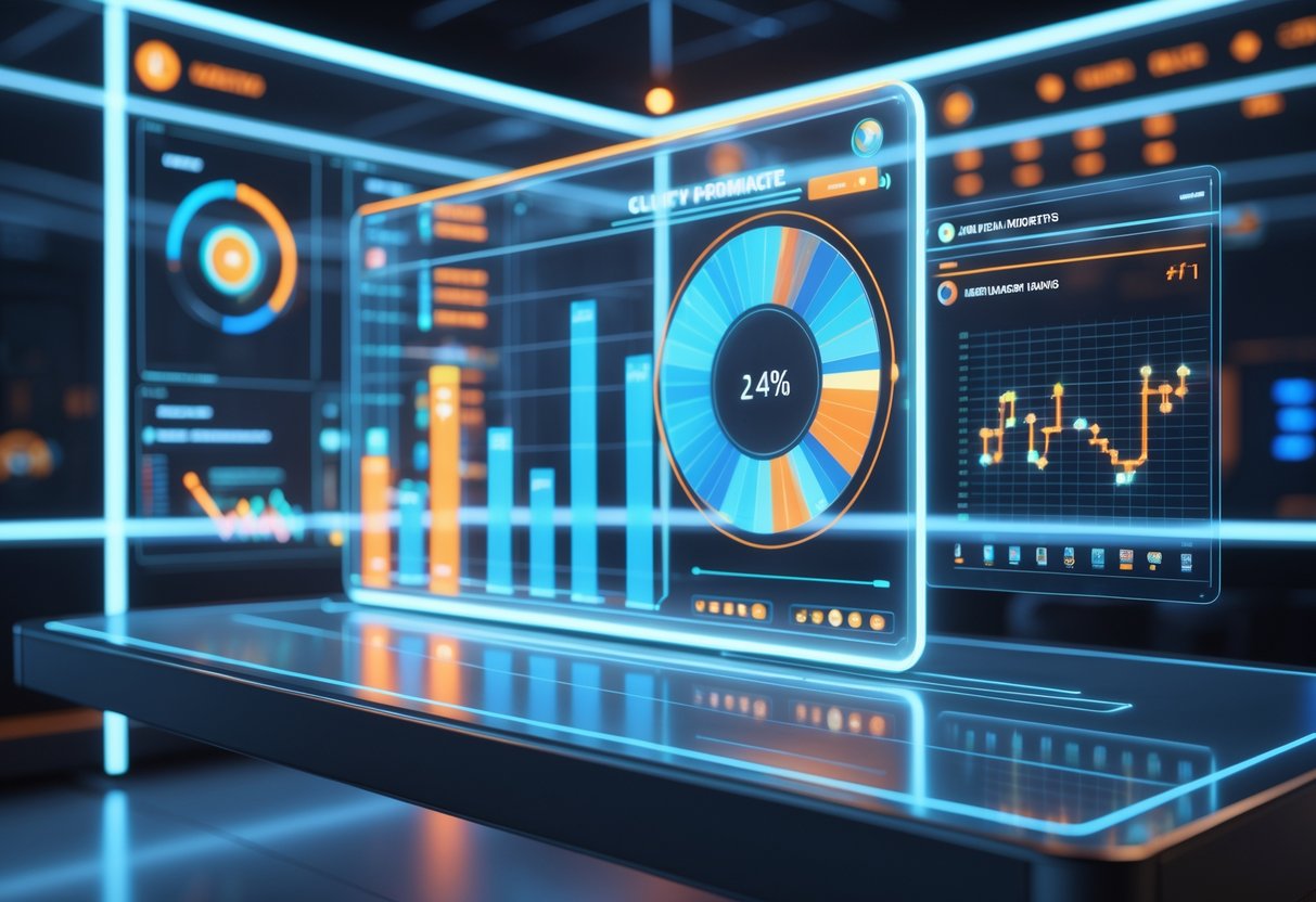A 3D scene showing a futuristic holographic sports analytics dashboard with charts and graphs ranking clutch moments in games.