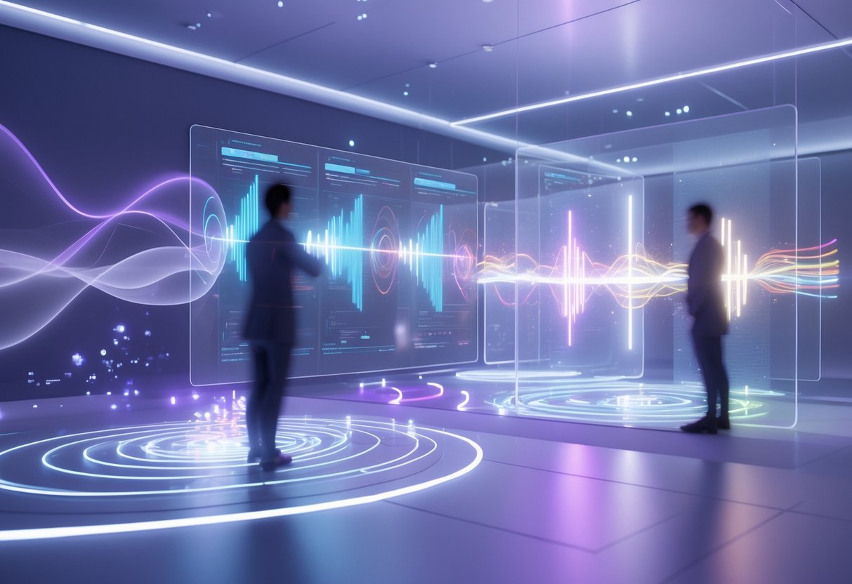 A futuristic room with holographic panels showing light patterns and sound waves, with people interacting through hand gestures in a glowing high-tech environment.