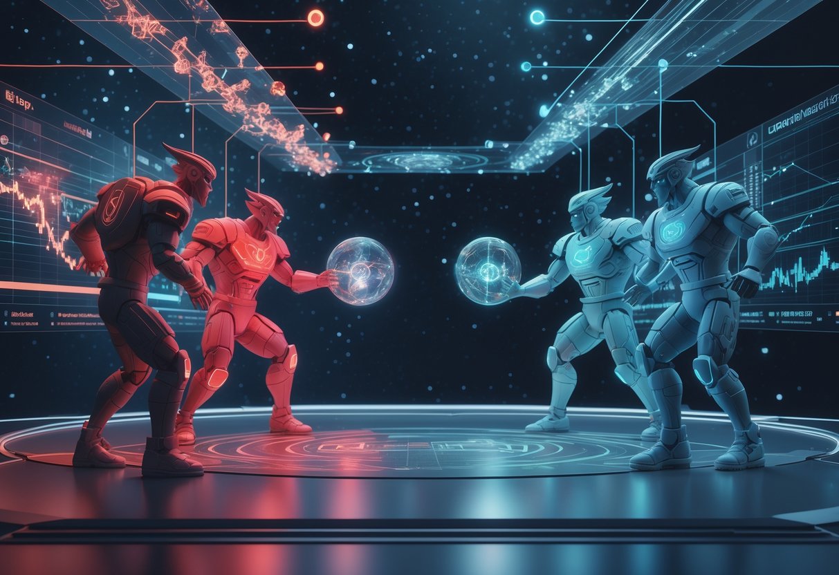 Two futuristic warriors facing each other in a high-tech arena with glowing holographic charts and timelines floating between them, symbolising a history of rivalry.