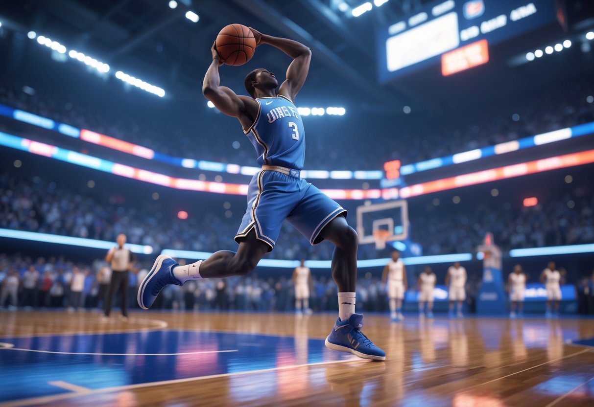 A basketball player jumping to take a crucial shot in a packed stadium during an intense game moment.